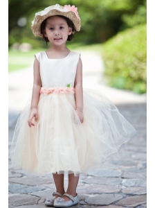Champagne Ball Gown Scoop Flower Girl Dress Taffeta and Tulle Hand Made Flowers Tea-length
