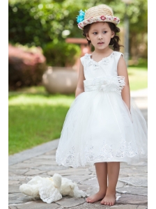 White Ball Gown V-neck Tea-length Flower Girl Dress Taffeta and Organza Hand Made Flowers and Beading