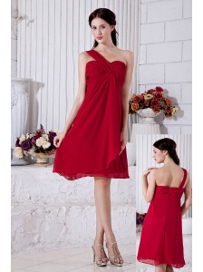 Wine Red Empire One Shoulder Bridesmaid Dress Mini-length Chiffon Ruch