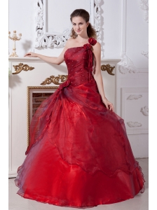 Wine Red Sweet 16 Dress A-line One Shoulder Taffeta and Organza Floor-length