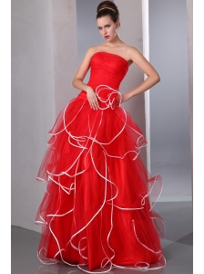 2013 Red Strapless Ruffled Prom Dress with   white hem