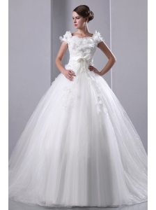 Beautiful A-line Scoop Appliques and Hand Made Flowers Wedding Dress Cathedral Train Taffeta and Tulle