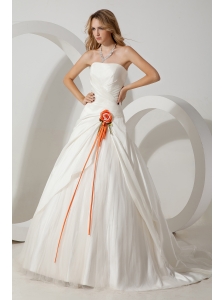Beautiful A-line Strapless Wedding Dress Hand Made Flower Brush Train Taffeta