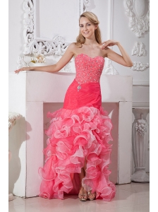 Beautiful Coral Red and Light Pink Mermaid High-low Prom Dress with Beading