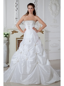Brand New Wedding Dress A-line Strapless Appliques Court Train Taffeta