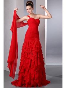 Bright Red One Shoulder Watteau Train Prom Dress with Many Ruffles