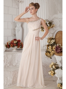 Champagne Empire One Shoulder Floor-length Chiffon Beading and Ruch Prom Dress