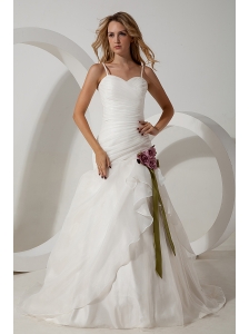 Elegant A-line Straps Wedding Dress Hand Made Flowers Brush Train Organza