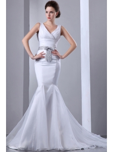 Fashionbale Mermaid Wedding Dress V-neck Bow Court Train Satin and Organza