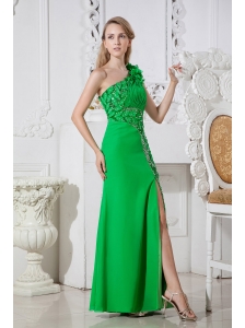 Green One Shoulder Hand Made Flowers Cut out Prom Dress Floor-length Elastic Wove Satin