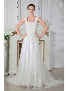 Low Price Empire Straps Appliques and Lace Wedding Dress Court Train Tulle