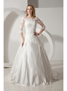 Perfect A-line Bateau Wedding Dress Chapel Train Taffeta and Lace