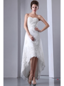 Sexy Column Strapless Short Wedding Dress High-low Elastic Wove Satin and Lace