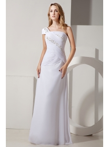 Simple Column One Shoulder Wedding Dress Chiffon Ruch and Beading  Floor-length