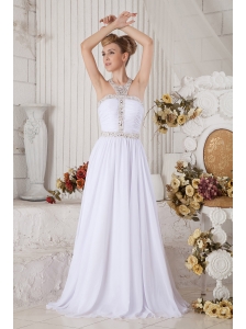 Unique White Halter top Chiffon Prom Dress with Beading