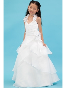 White A-line Halter Flower Girl Dress Organza Ruch and Hand Made Flowers Floor-length