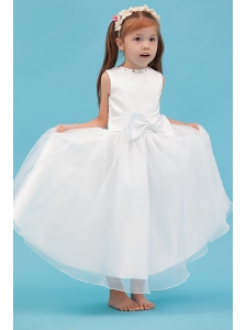 White A-line Scoop Flower Girl Dress Ankle-length Organza Sash