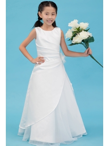 White A-line Scoop Flower Girl Dress Taffeta Appliques Floor-length