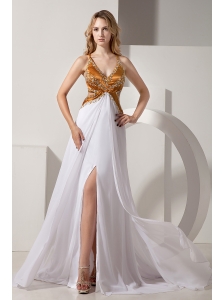White and Gold V-neck Prom / Evening Dress Coset Back Satin and Chiffon