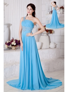 Aqua Blue Empire One Shoulder  Prom Dress Chiffon Beading Brush Train