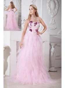 Baby Pink Prom Dress A-line Sweetheart Brush Train Taffeta and Tulle Appliques