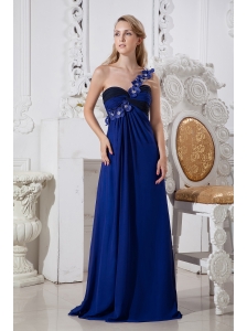 Blue Column One Shoulder Prom Dress Hand Made Flowers Floor-length Chiffon