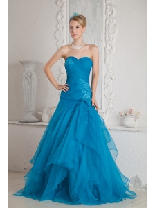 Low Price Teal Color Mermaid Prom Dress Sweetheart  Brush Train Appliques