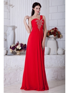 Red Empire One Shoulder Prom / Evening Dress Chiffon Beading Floor-length
