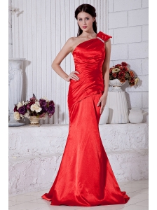 Red Mermaid One Shoulder Prom / Evening Dress Beading  Brush Train Taffeta