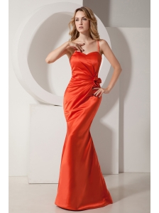 Rust Red Mermaid Spaghetti Straps Ruch and Hand Made Flower Prom Dress Floor-length Satin