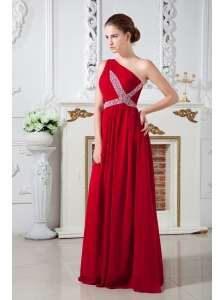 2013 Wine Red Empire One Shoulder Ruch and Beading Prom Dress Brush Train Chiffon