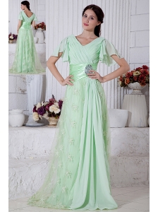 Apple Green Empire V-neck Beading Prom / Evening Dress Brush Train Chiffon