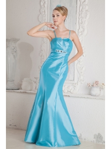 Aqua Blue Junior Prom Dress Mermaid Straps Beading Brush Train Satin
