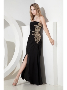 Black Empire Strapless Prom Dress Chiffon Apliques Ankle-length