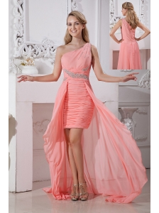Cheap Watermelon Red High-low One Shoulder Prom Dress Column Chiffon Beading