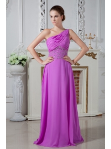 Fuchsia Column One Shoulder Prom Dress Chiffon Ruch and Beading Floor-length