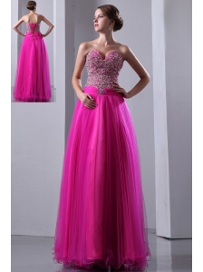 Fuchsia A-line Sweetheart Prom Dress Elastic Wove Satin and Organza Beading Floor-length