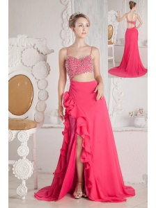 Coral Red Prom Dress Empire Beading Straps Court Train Chiffon