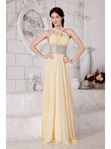 Light Yellow V-neck Chiffon Prom / Evening Dress With Silver Belt