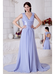 Lilac Empire V-neck Beading Prom / Evening Dress Brush Train Chiffon