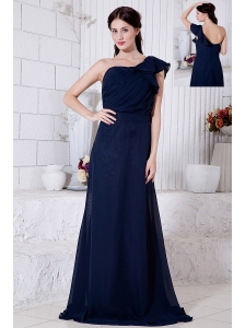 Navy Blue Empire One Shoulder Ruch Prom / Evening Dress Brush Train Chiffon