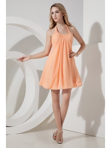 Orange Junior Prom Dress Ruch A-line / Princess Halter Mini-length Chiffon