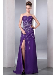 Purple Column Sweetheart Prom Dress Chiffon Beading Floor-length