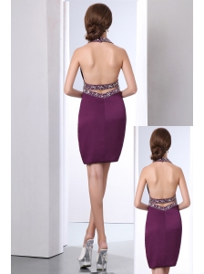 Dark Purple Prom Dress Column Halter Mini-length Taffeta Beading