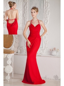 Red Mermaid Halter Ruch and Beading Prom Dress Floor-length Chiffon