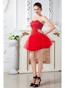 Red Prom Dress A-line Sweetheart Mini-length Tulle Beading