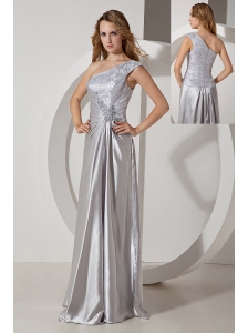 Silver Column One Shoulder Beading Prom Dress Floor-length Taffeta