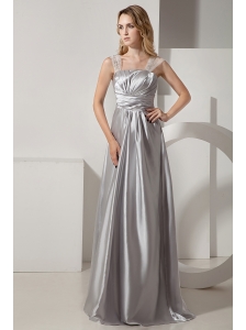 Silver Column Straps Ruch and Beading Prom Dress Floor-length Satin