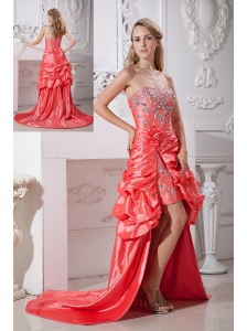 Watermelon Red Column Prom Dress Sweetheart Hand Made Flowers and Beading High-low Taffeta