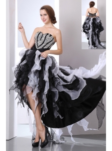 White and Black A-line Sweetheart Prom Dress High-low Organza Beading